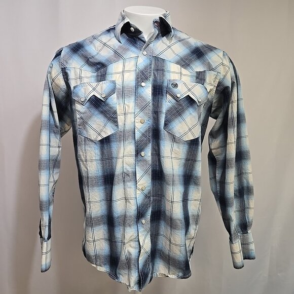 Wrangler Sawtooth Shirt Mens Size Medium Blue Plaid Western Pearl Snap Cowboy - Picture 1 of 8